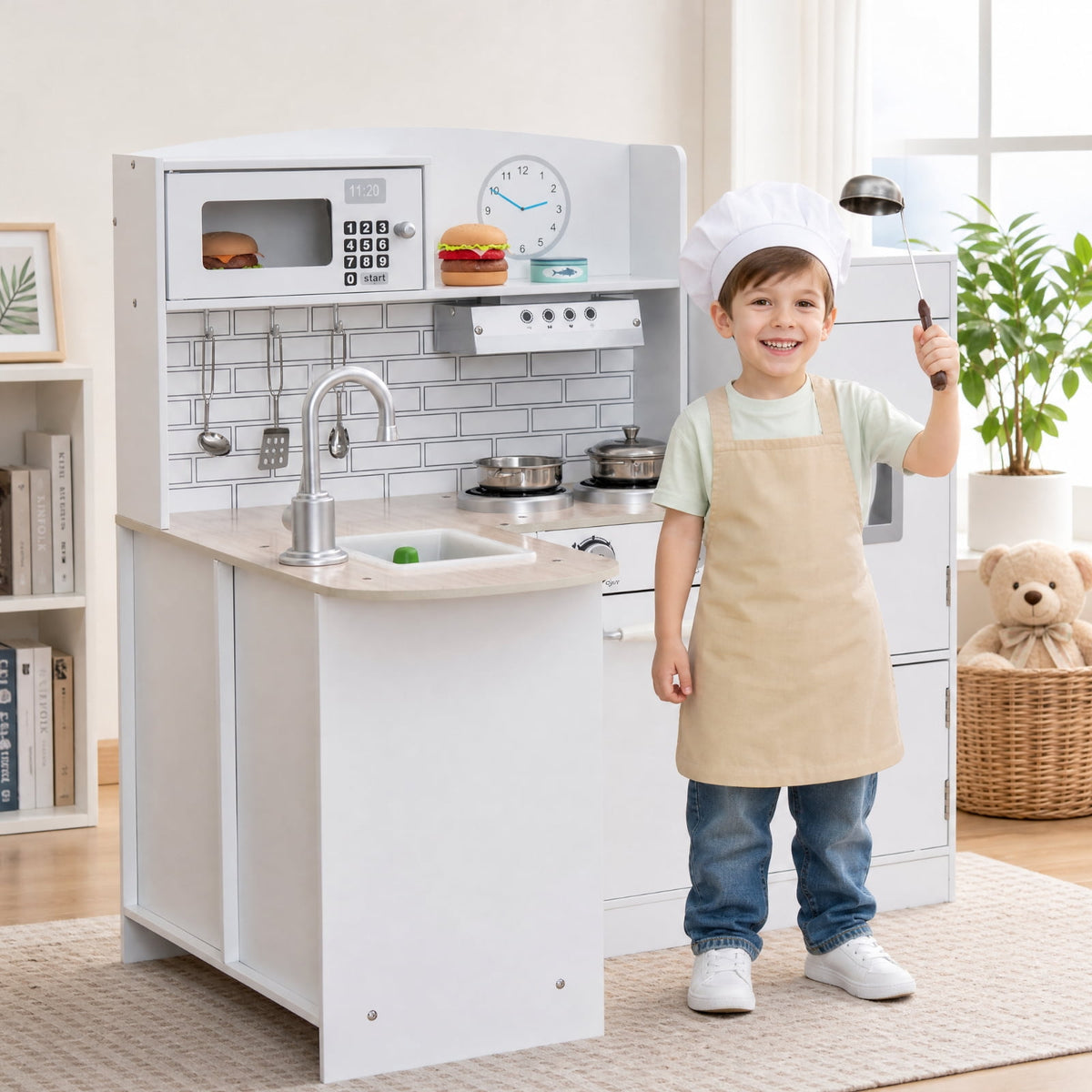 Redsmile Kids Play Kitchen Set for Toddlers 3+ Years, L-Shaped Corner Pretend Play Kitchen with Realistic Microwave, Oven, Stove, Water Dispenser, Range Hood and Side Refrigerator, White