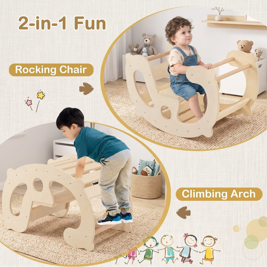 Redsmile 2-in-1 Rocking Horse Arch for Kids Montessori Climbing Toys with Arch Climber for Kids 1+ Years Old, Natural
