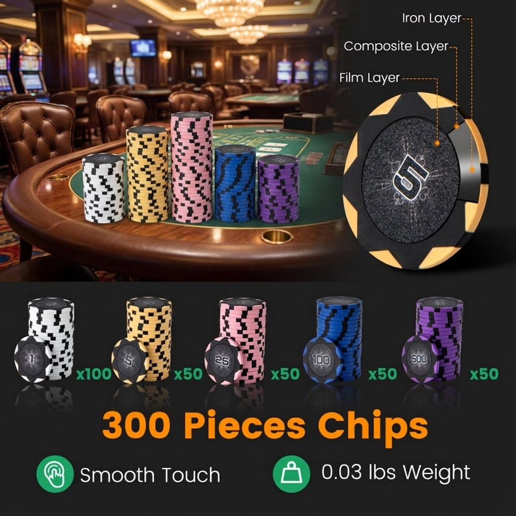 Redsmile 300-Piece 14 Gram Poker Chip Set, Casino Poker Chips with Aluminum Case, Card Shuffler, 2 Decks, Dices and Dealer Buttons for Texas Holdem Blackjack, Home Game Night, Black