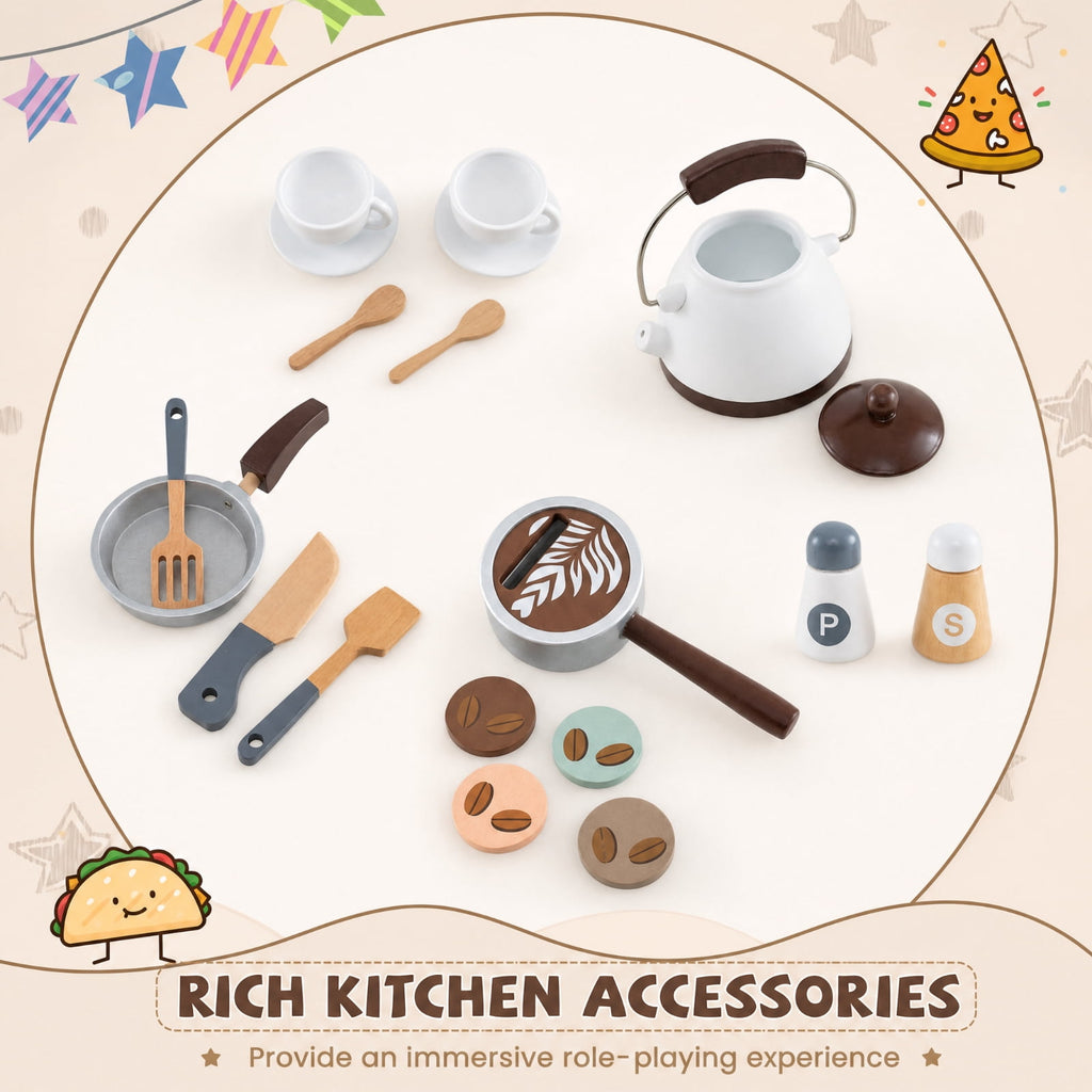 Redsmile Corner Wooden Play Kitchen Set for Kids 3+ Years, Pretend Play Kitchen with Coffee Machine, Slide, Light-Up Microwave, Stoves, Washing Machine and 20 Accessories, Brown