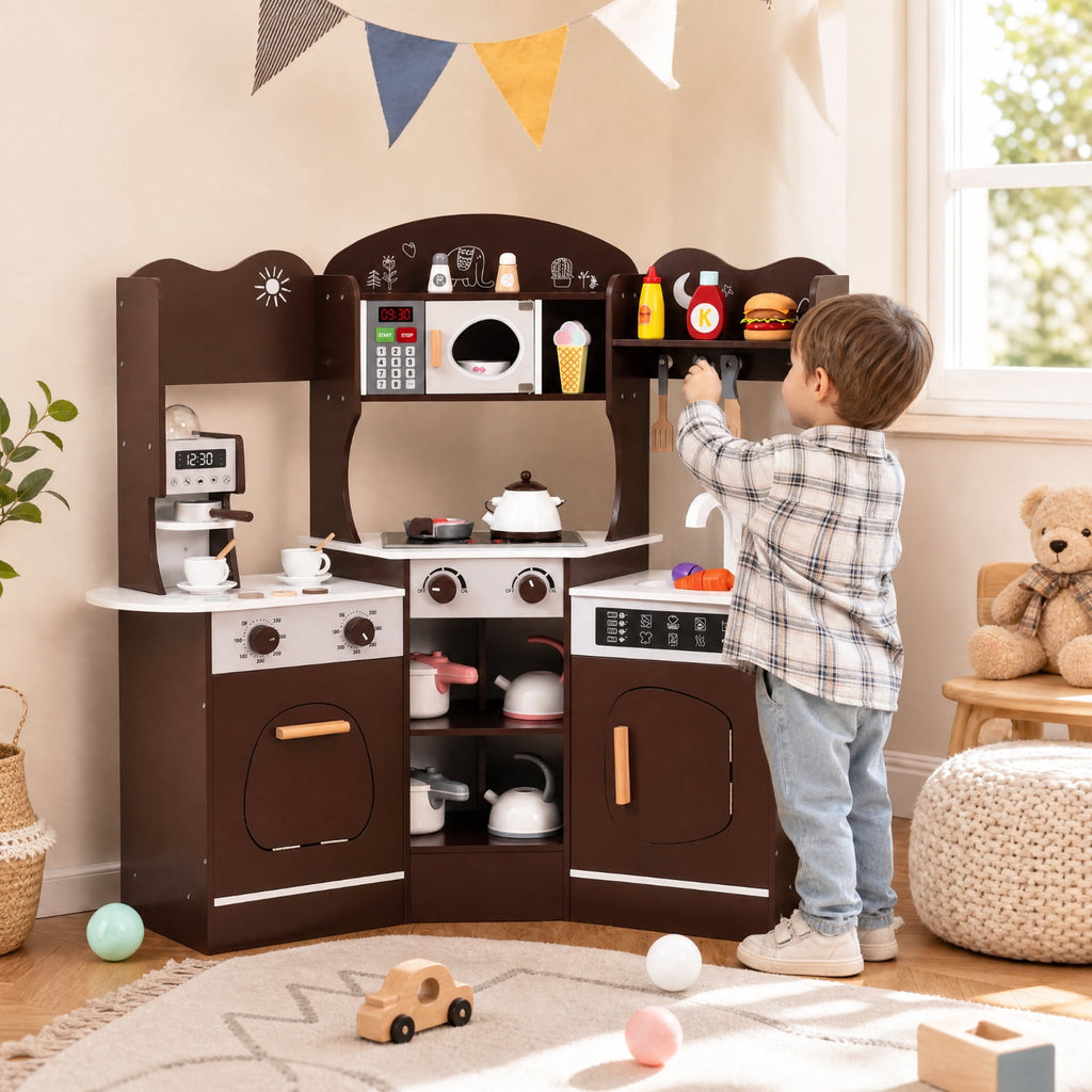 Redsmile Corner Wooden Play Kitchen Set for Kids 3+ Years, Pretend Play Kitchen with Coffee Machine, Slide, Light-Up Microwave, Stoves, Washing Machine and 20 Accessories, Brown