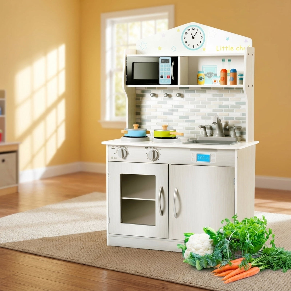 Redsmile Wooden Play Kitchen for Kids, Pretend Cooking Playset with Cookware Accessories, Toddler Kitchen Toy, Beige
