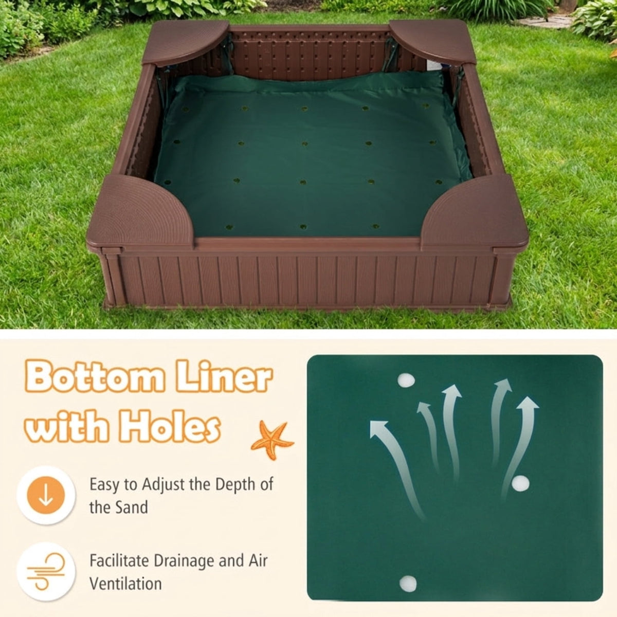 Redsmile Kids Sandbox for Backyard, 48 Inch Outdoor Sandbox with Cover and 4 Corner Seats, Weatherproof Sand Play Box, Brown