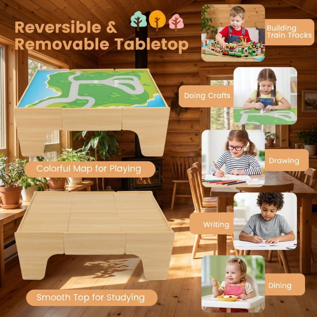Redsmile 84-Piece Wooden Train Set with Reversible Tabletop and Storage Drawer, Train Set for Kids, Toy Train Set, Train Table with Storage for Toddlers Boys Girls, Christmas Gift, Natural