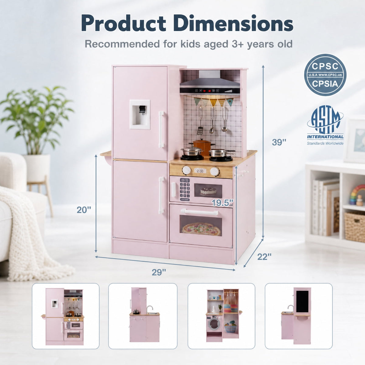 Redsmile Dual-Sided Kids Play Kitchen Set for Toddlers 3+ Years, Pretend Play Kitchen with Luminous Range Hood, Water Dispenser, Interactive Stove and Cooking Utensils, Christmas Gift, Pink