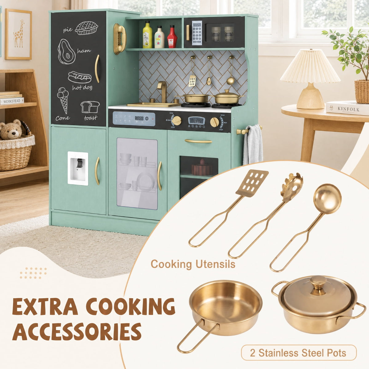 Redsmile Pretend Play Kitchen for Kids with Lights and Sounds, Wooden Play Kitchen Set with Dishwasher Oven Microwave Sink Faucet Water Dispenser and Utensils, Toddler Playset, Green