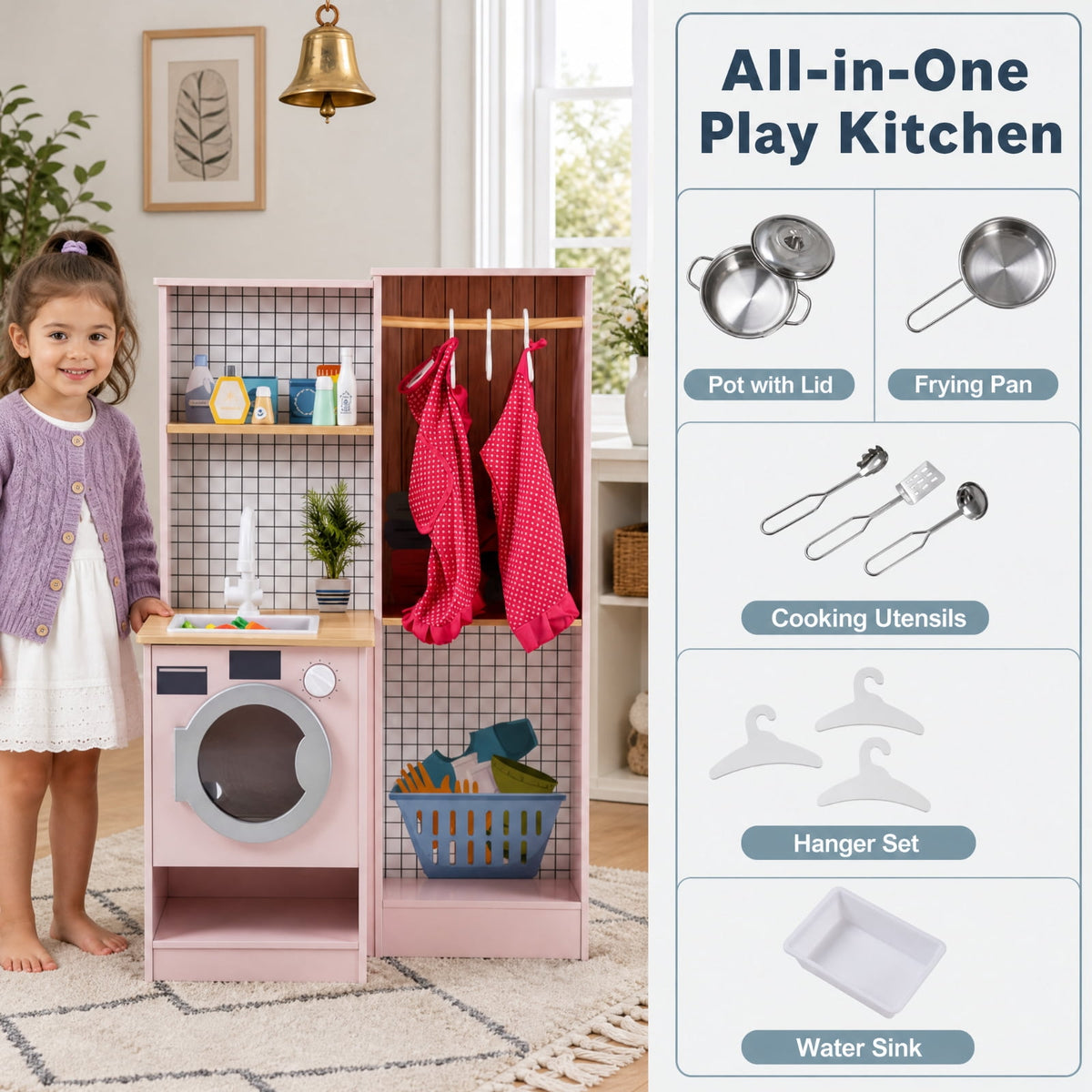 Redsmile Dual-Sided Kids Play Kitchen Set for Toddlers 3+ Years, Pretend Play Kitchen with Luminous Range Hood, Water Dispenser, Interactive Stove and Cooking Utensils, Christmas Gift, Pink