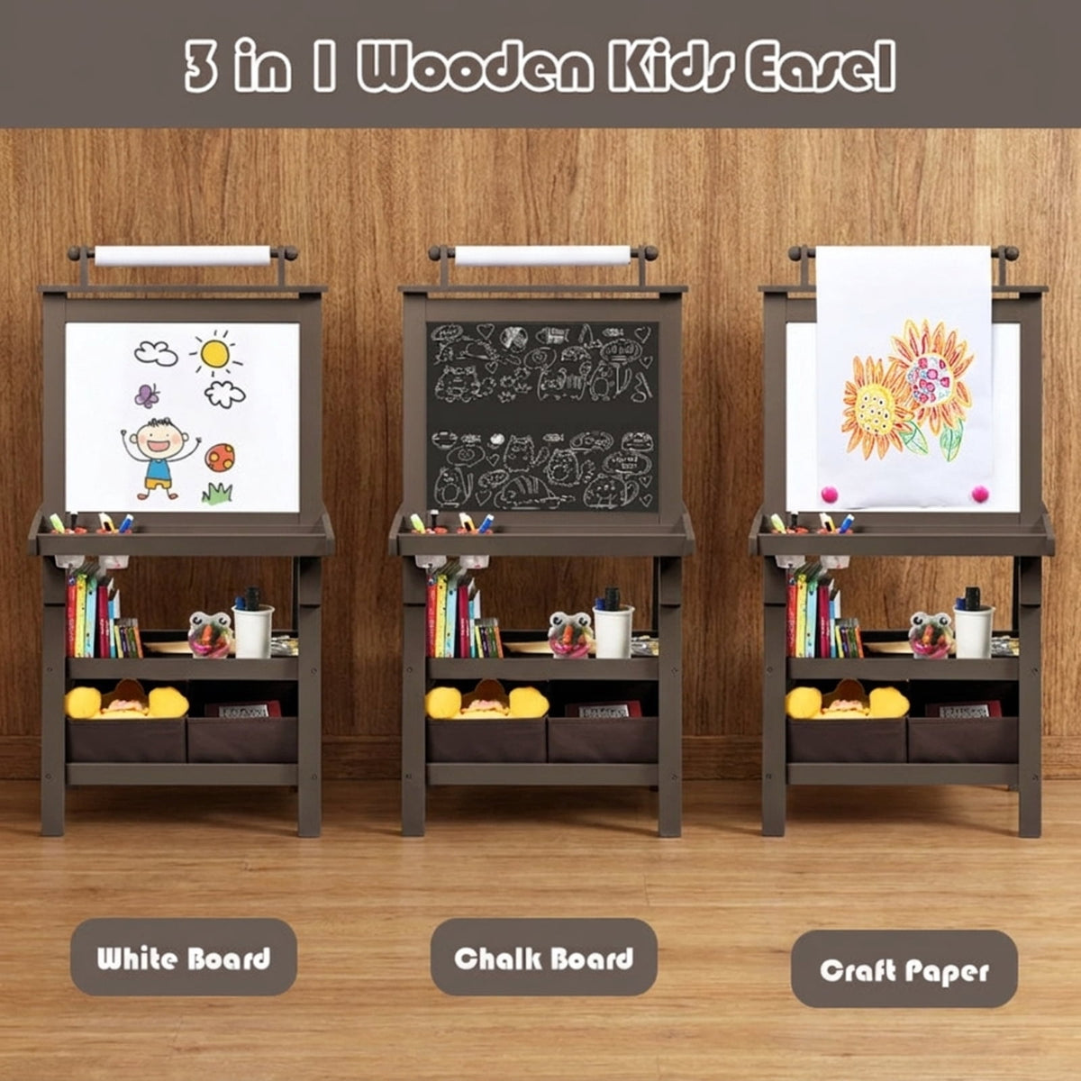 Redsmile 3-in-1 Kids Art Easel for Toddlers 3+ Years, Double-Sided Standing Easel with Whiteboard, Chalkboard and Paper Roll, Storage Shelves, Fabric Bins and Paint Cups, Christmas Gift, Brown