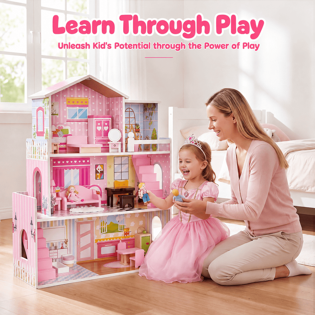 Redsmile Wooden Dollhouse for Kids, 3-Story Doll House with 17 Furniture Pieces and Accessories for Pretend Play and Birthday Gifts, Pink