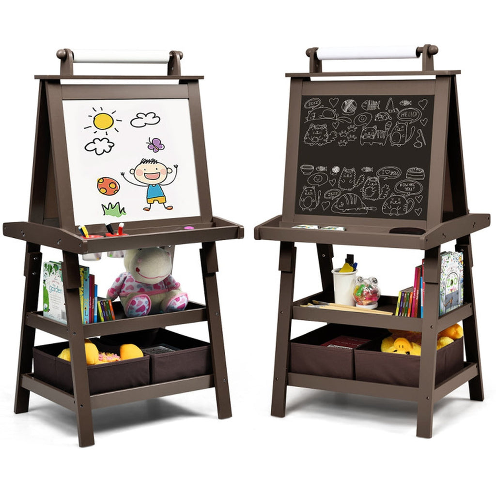 Redsmile 3-in-1 Kids Art Easel for Toddlers 3+ Years, Double-Sided Standing Easel with Whiteboard, Chalkboard and Paper Roll, Storage Shelves, Fabric Bins and Paint Cups, Christmas Gift, Brown