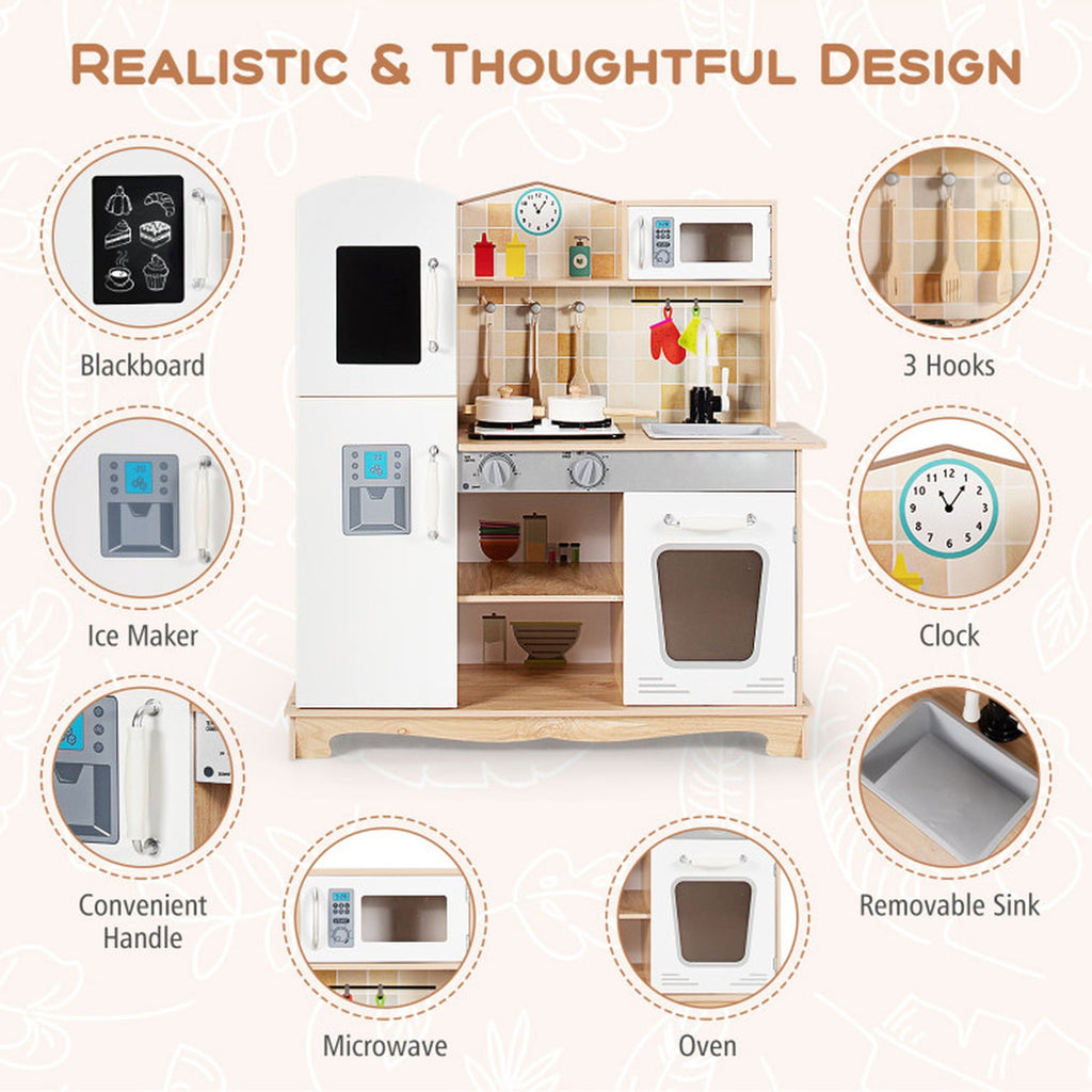 Redsmile Play Kitchen,Wooden Kids Kitchen Playset with Ice Maker,Oven,Realistic Lights and Sounds,Pretend Play Toy Kitchen,Gift for Girls Boys Ages 3-10,White