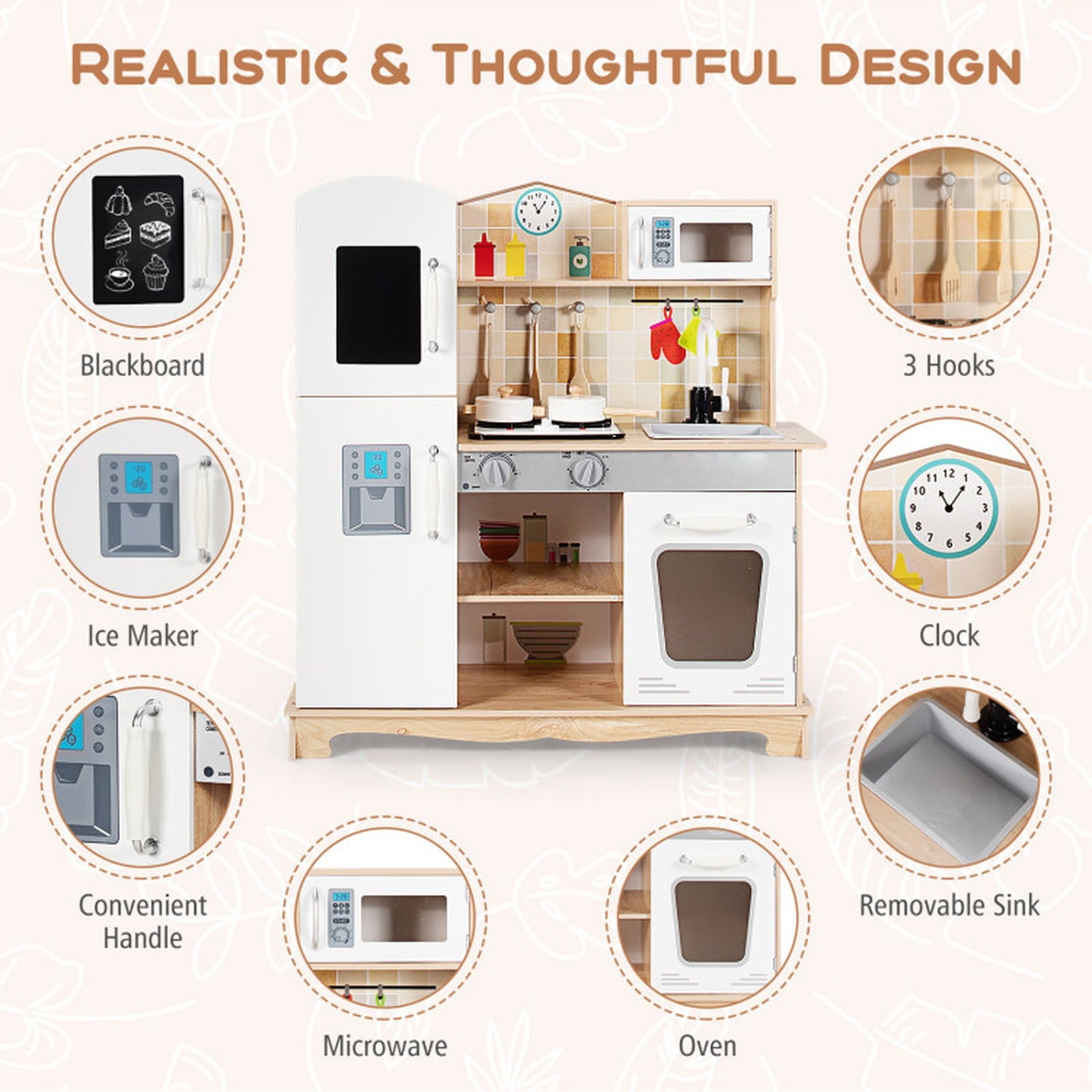 Redsmile Play Kitchen,Wooden Kids Kitchen Playset with Ice Maker,Oven,Realistic Lights and Sounds,Pretend Play Toy Kitchen,Gift for Girls Boys Ages 3-10,White
