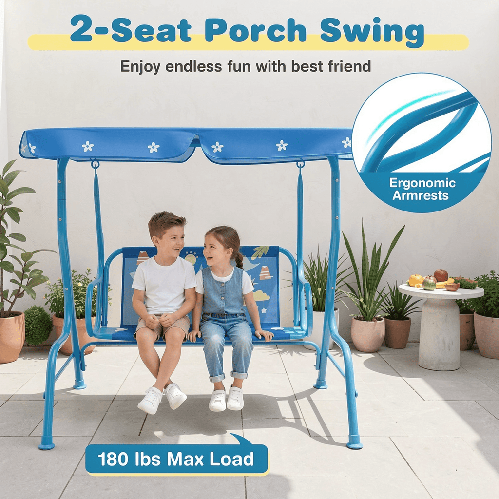 Redsmile 2-Seater Kids Patio Swing with Metal Stand and Adjustable Canopy - Blue - Backyard Play - Outdoor Fun