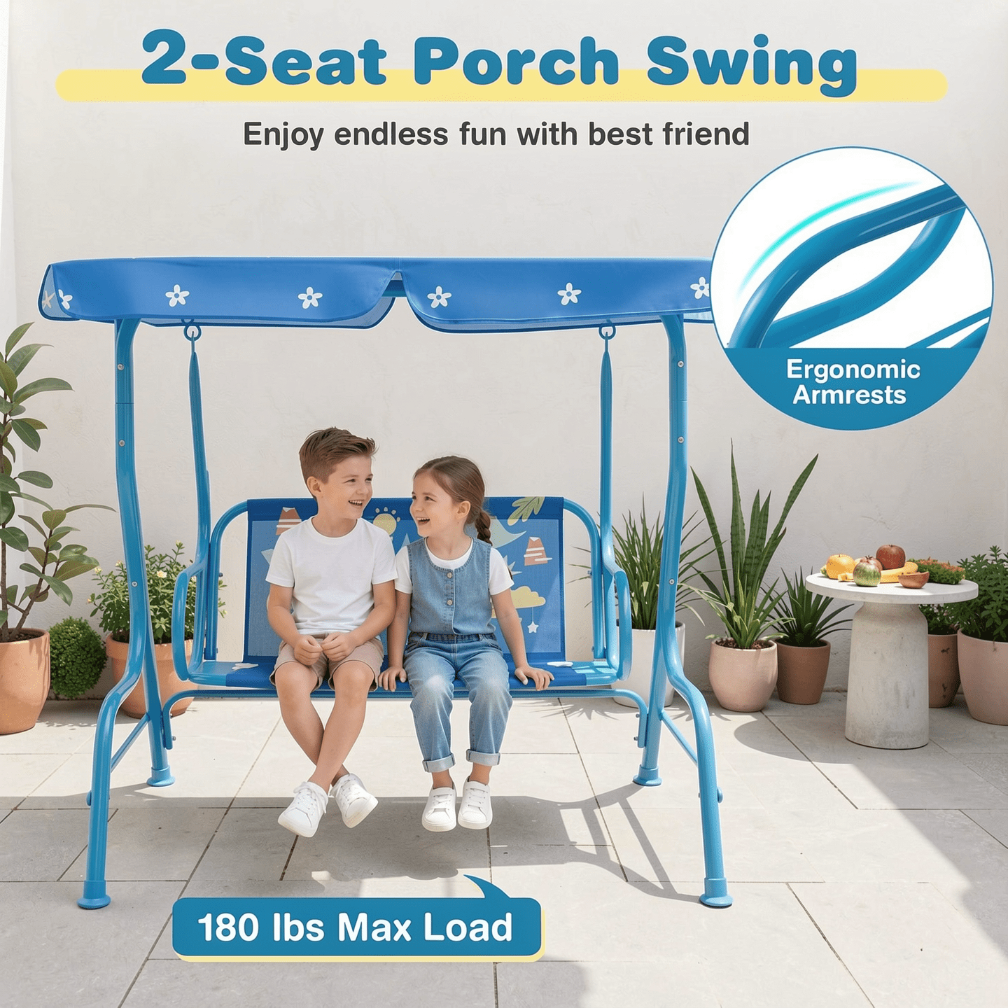Redsmile 2-Seater Kids Patio Swing with Metal Stand and Adjustable Canopy - Blue - Backyard Play - Outdoor Fun