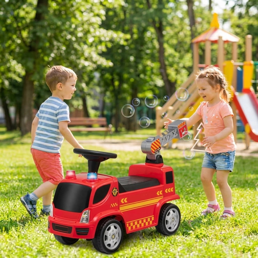 Redsmile Kids Push Ride On Fire Truck for Toddlers Ages 18-36 Months, Foot-to-Floor Ride On Fire Engine with Ladder, Bubble Maker, Working Headlights and Steering Wheel, 44 lbs Capacity, Red