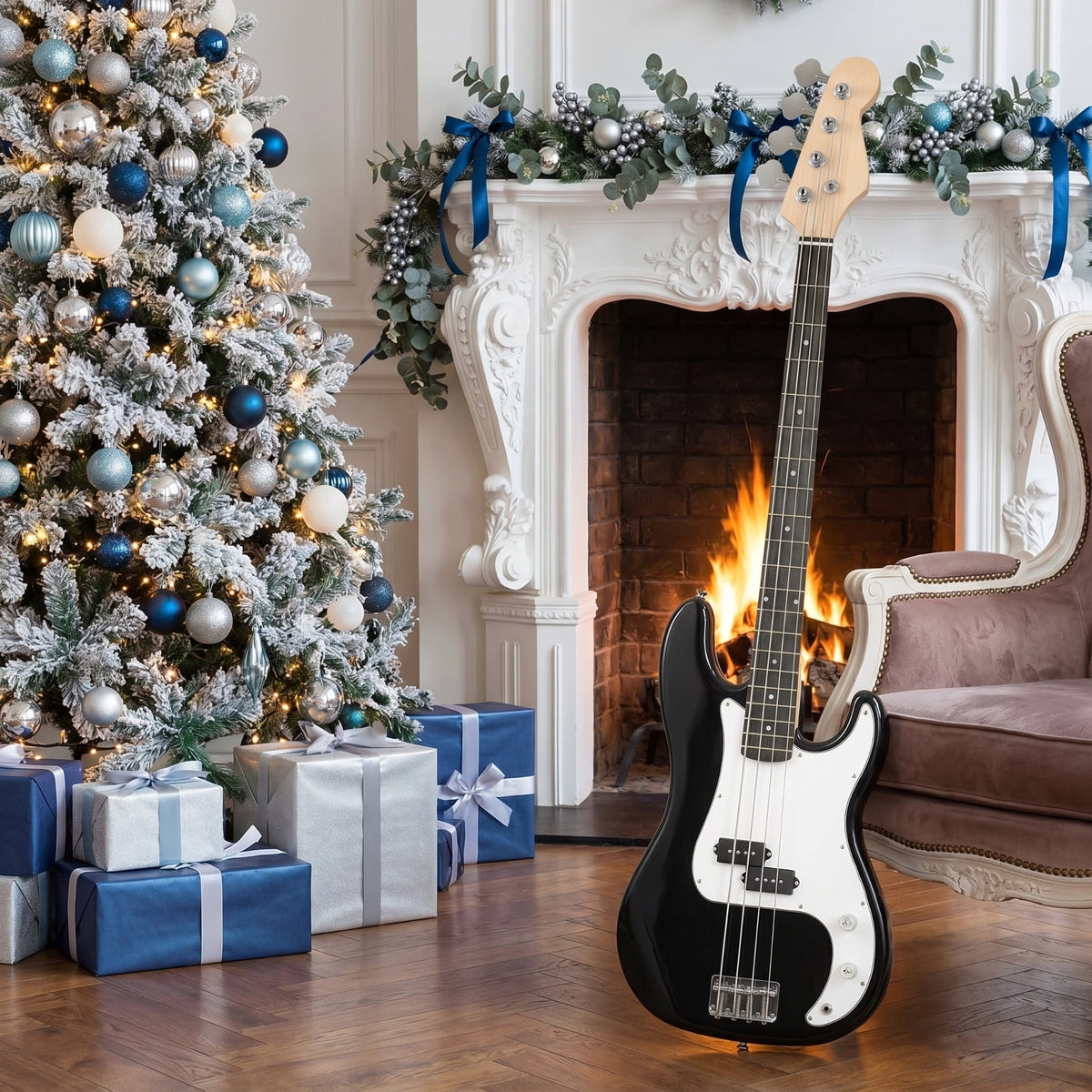 Redsmile 45.5 Inch 4 String Electric Bass Guitar with Double Pickups and Gig Bag for Beginners, Black