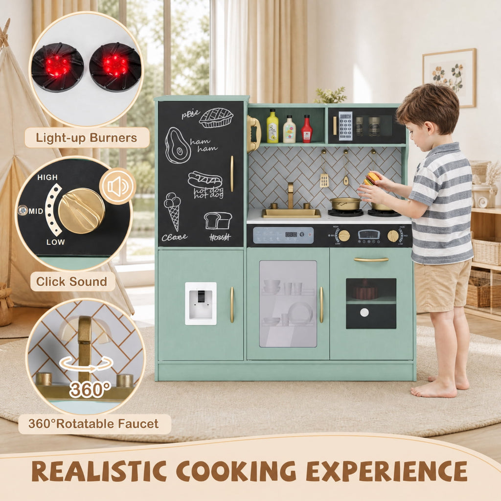 Redsmile Pretend Play Kitchen for Kids with Lights and Sounds, Wooden Play Kitchen Set with Dishwasher Oven Microwave Sink Faucet Water Dispenser and Utensils, Toddler Playset, Green