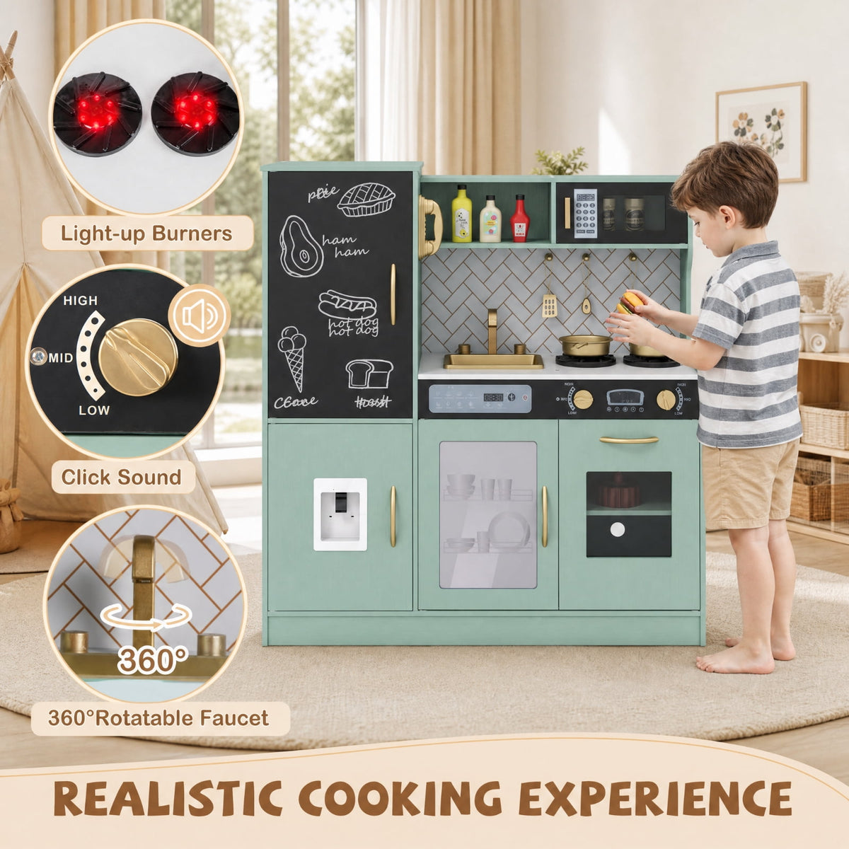 Redsmile Pretend Play Kitchen for Kids with Lights and Sounds, Wooden Play Kitchen Set with Dishwasher Oven Microwave Sink Faucet Water Dispenser and Utensils, Toddler Playset, Green