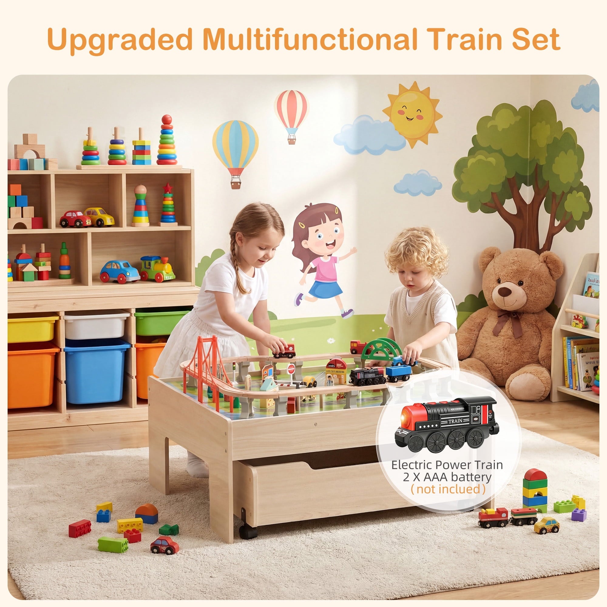 Redsmile Train Table with Electric Train,100 Pcs Multicolor Wooden Kids Activity Table with Rolling Storage Drawer for Gaming, Drawing, Reading,Creative Toy Set for Boys and Girls