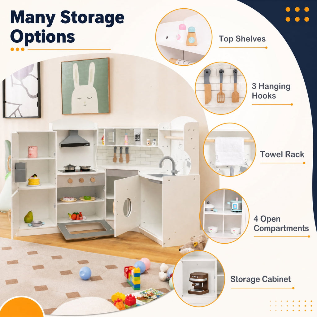 Redsmile Corner Kids Play Kitchen Set for Boys and Girls 3-10 Years, Pretend Play Kitchen with Washing Machine, Ice Maker, Sink, Hanging Hooks and Towel Rack, Fits 4 Kids, Gift, White