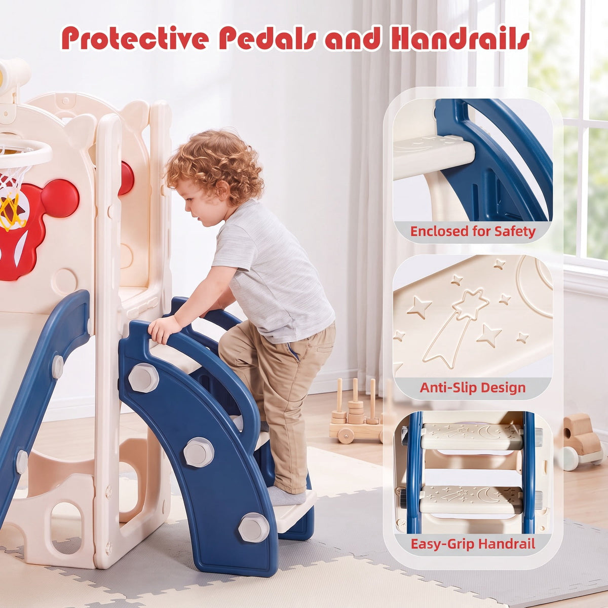 Redsmile Kids Slide and Climber Playset with Basketball Hoop, Telescope, Golf, Drawing Board and Ring Toss Activities