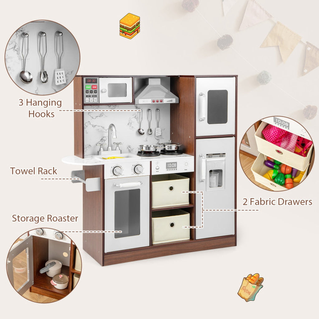 Redsmile Modern Kids Play Kitchen with Lights and Sounds, Wooden Pretend Play Kitchen Set with Ice Maker Chalkboard Fabric Drawers and 13 Accessories, Toddler Playset for Ages 3+, Coffee
