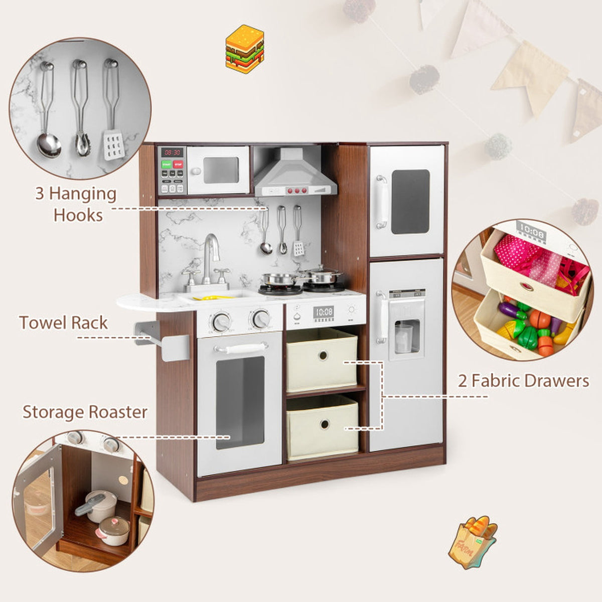 Redsmile Modern Kids Play Kitchen with Lights and Sounds, Wooden Pretend Play Kitchen Set with Ice Maker Chalkboard Fabric Drawers and 13 Accessories, Toddler Playset for Ages 3+, Coffee