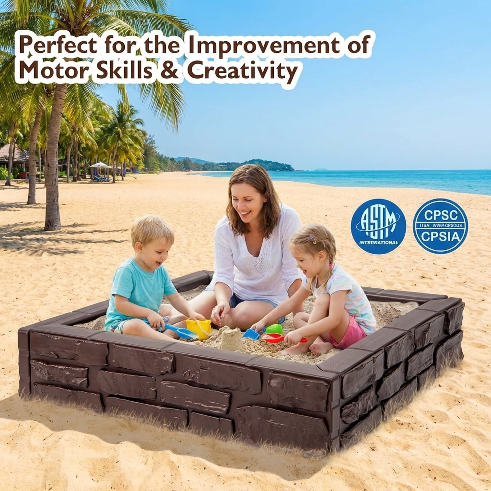 Redsmile 2-In-1 HDPE Kids Sandbox with Cover and Bottom Liner - Brown - Outdoor Play - Garden Toy - Backyard Fun