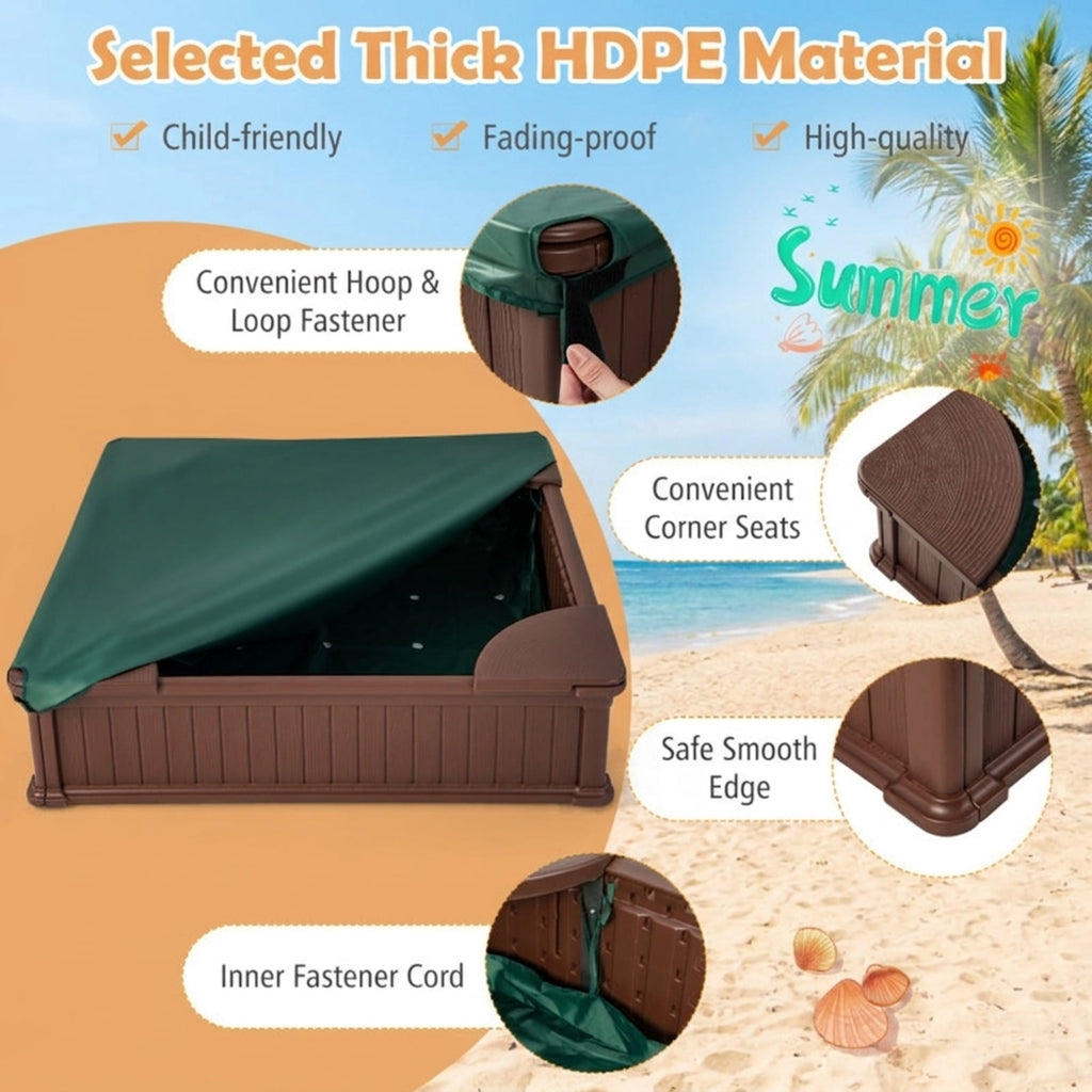 Redsmile Kids Sandbox for Backyard, 48 Inch Outdoor Sandbox with Cover and 4 Corner Seats, Weatherproof Sand Play Box, Brown