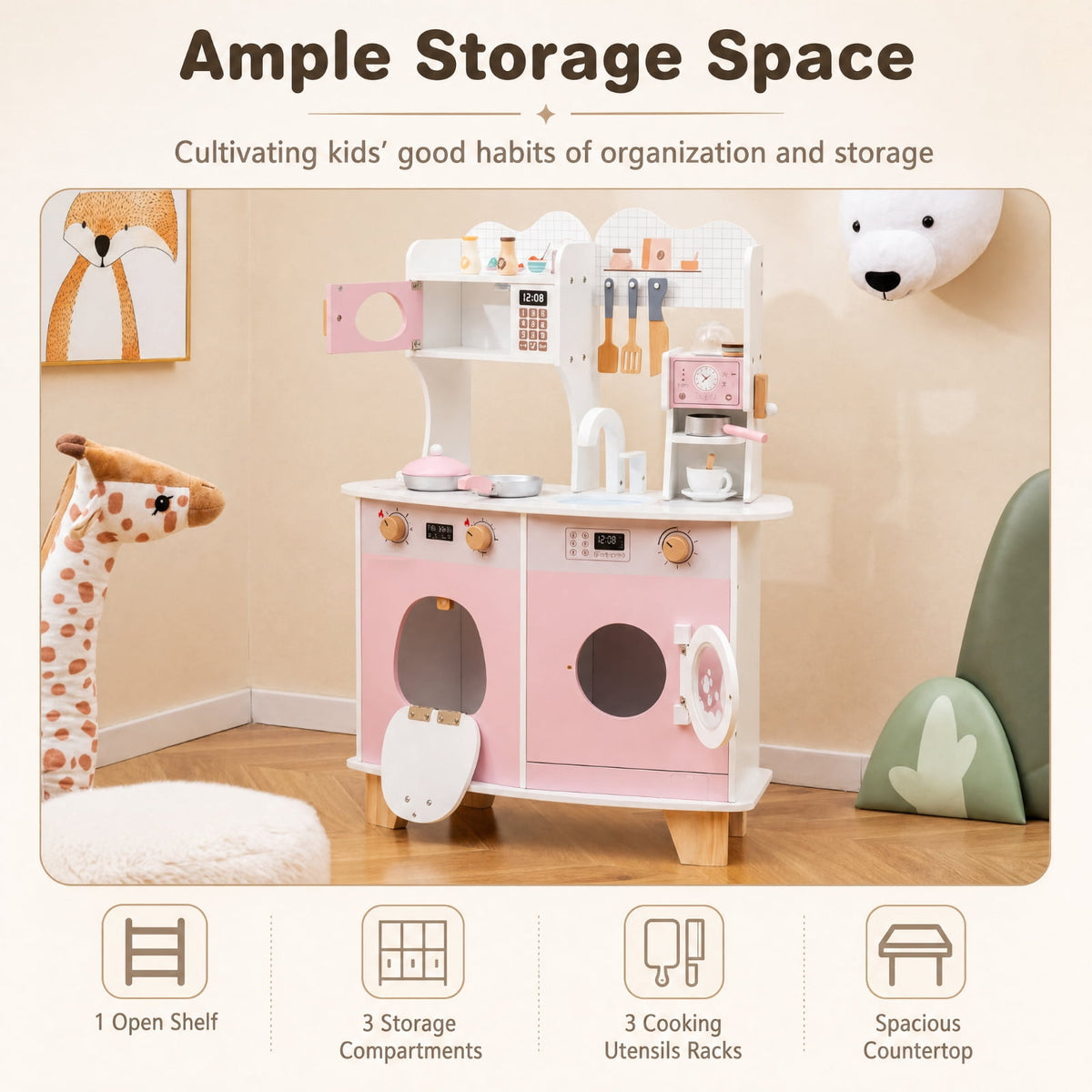 Redsmile Wooden Kids Kitchen Playset for Toddlers 3+ Years, Pretend Play Kitchen with Coffee Maker, Microwave, Oven, Stove, Sink and Washing Machine, Click-Sound Knobs, Christmas Gift, Pink