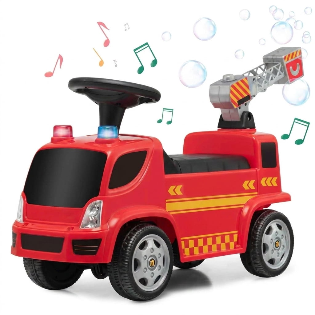 Redsmile Kids Push Ride On Fire Truck for Toddlers Ages 18-36 Months, Foot-to-Floor Ride On Fire Engine with Ladder, Bubble Maker, Working Headlights and Steering Wheel, 44 lbs Capacity, Red