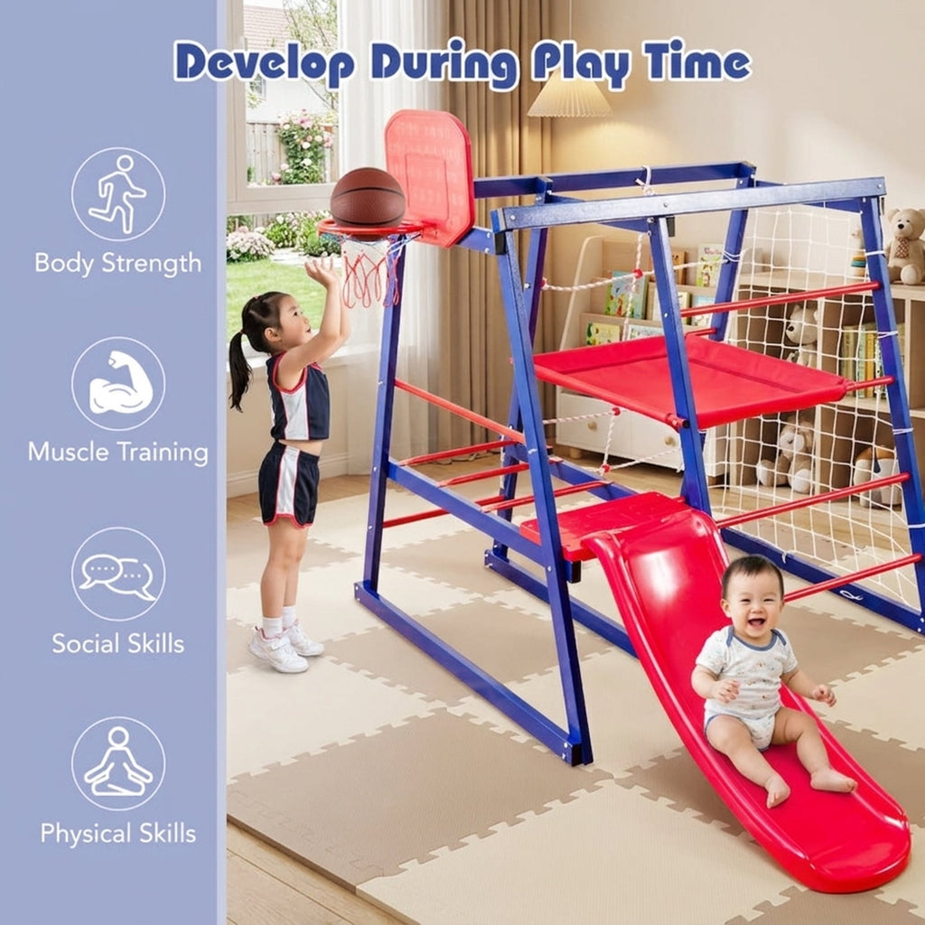 Redsmile 7-in-1 Metal Toddler Climbing Toys for Ages 3-7, Kids Indoor Playground Jungle Gym with Slide, Climbing Net and Rope Ladder, Montessori Climber, Christmas Gift, Red and Blue