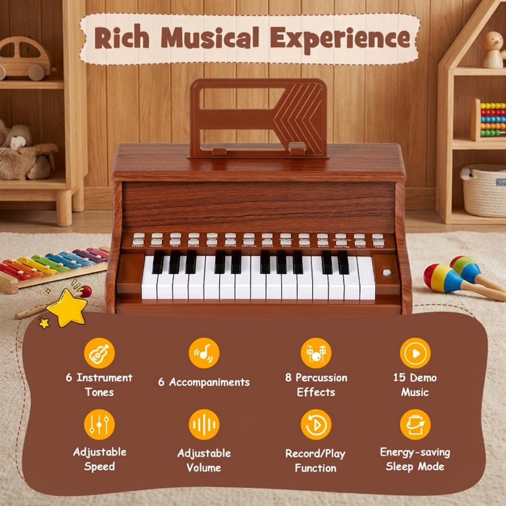 Redsmile 25-Key Kids Piano Keyboard with Adjustable Speed and Record Function for Kids Age 3 and Up to Learn Their First Songs, Brown