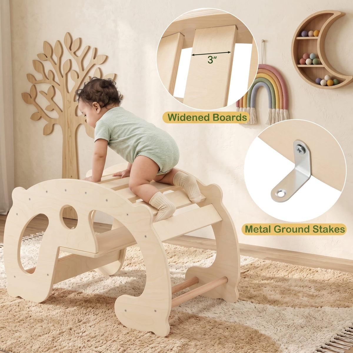 Redsmile 2-in-1 Rocking Horse Arch for Kids Montessori Climbing Toys with Arch Climber for Kids 1+ Years Old, Natural