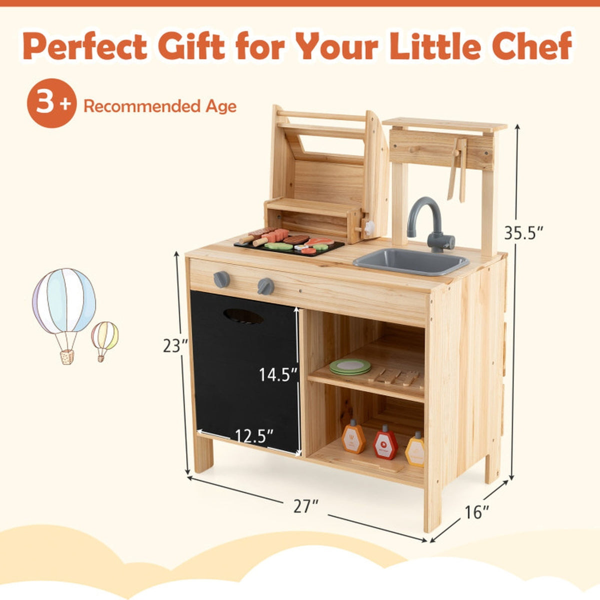 Redsmile Wooden BBQ Grill Playset for Kids with Chalkboard Sink and Cabinet, Pretend Play Barbecue Kitchen Set with 25 Accessories Grilling Tools and Play Food, Toddler Playset, Natural