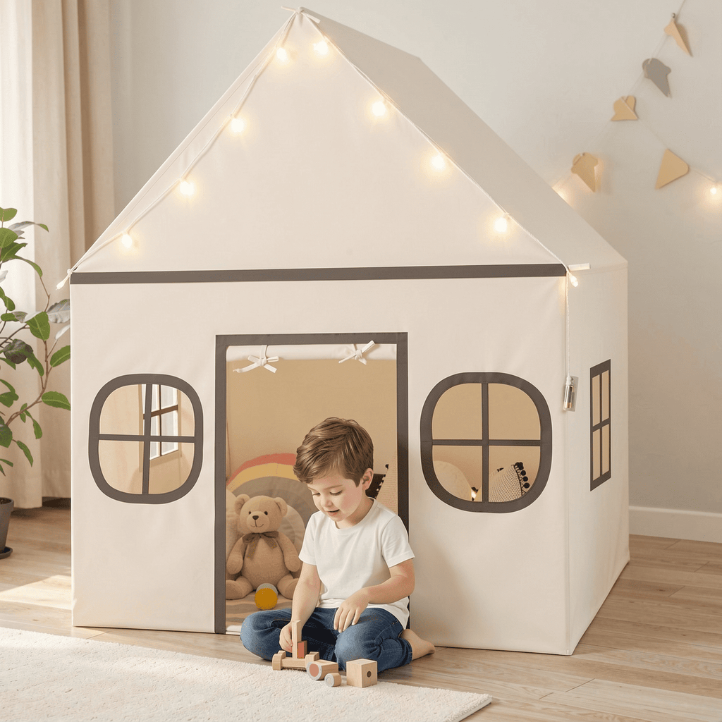 Redsmile Kids Play Tent Large Playhouse for Indoor Outdoor with Star Lights Door Curtain and Windows,Children Tent Play Equipment Gift for Girls Boys,Beige