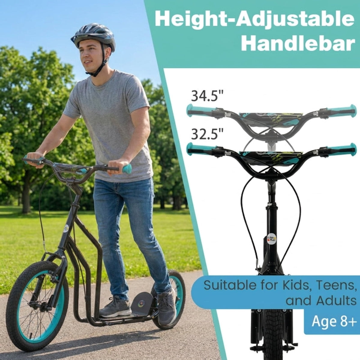 Redsmile Kids Scooter for Ages 8 and Up, Youth Scooter with 16/14 Inch Inflatable Wheels and Adjustable Handlebar, Big Wheel Scooter, Black