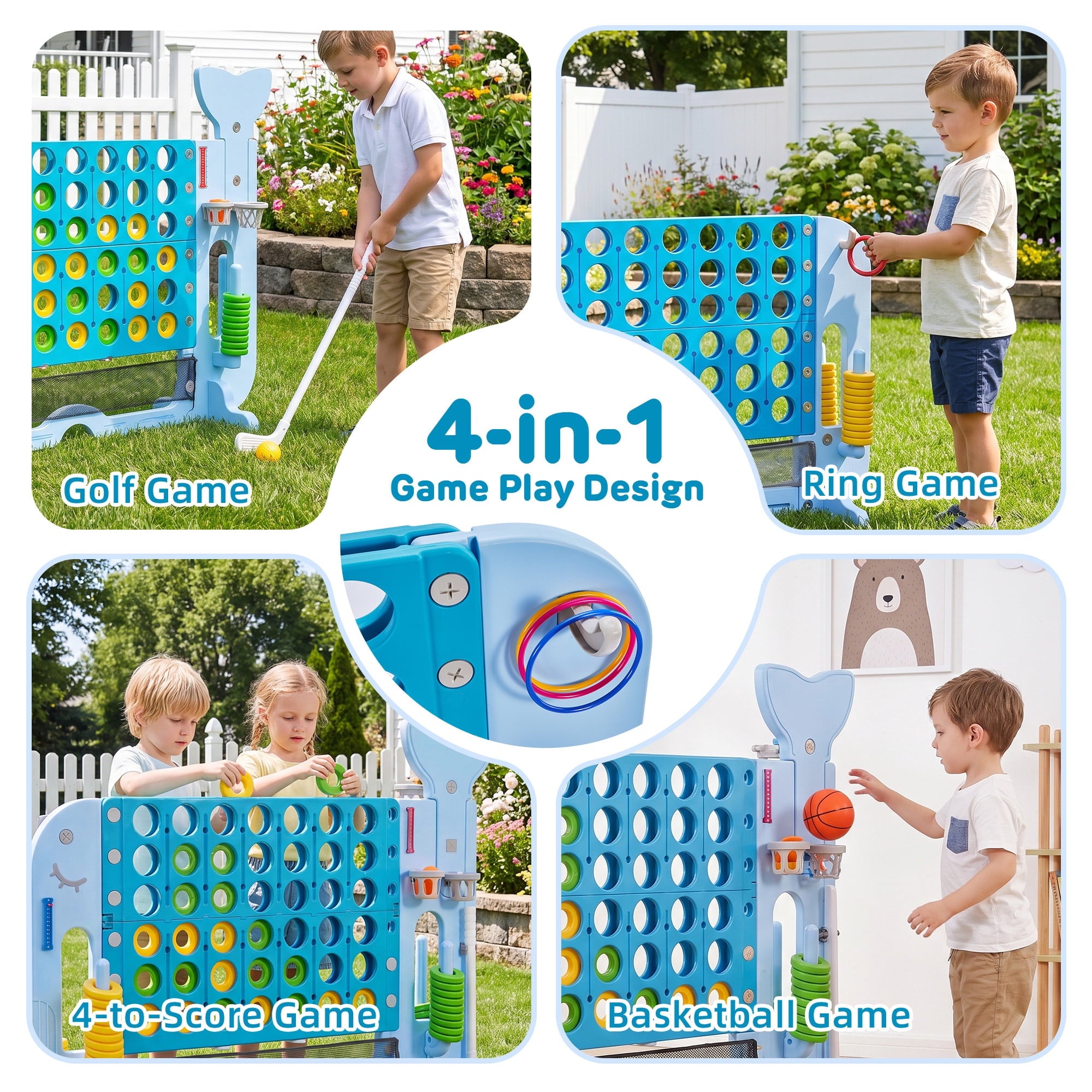Redsmile Giant 4 in a Row Game Set, 4-in-1 Outdoor Yard Games for Kids Adults with Ring Toss, Basketball, Golf, 4-Level Adjustable Height, Family Backyard Party Games