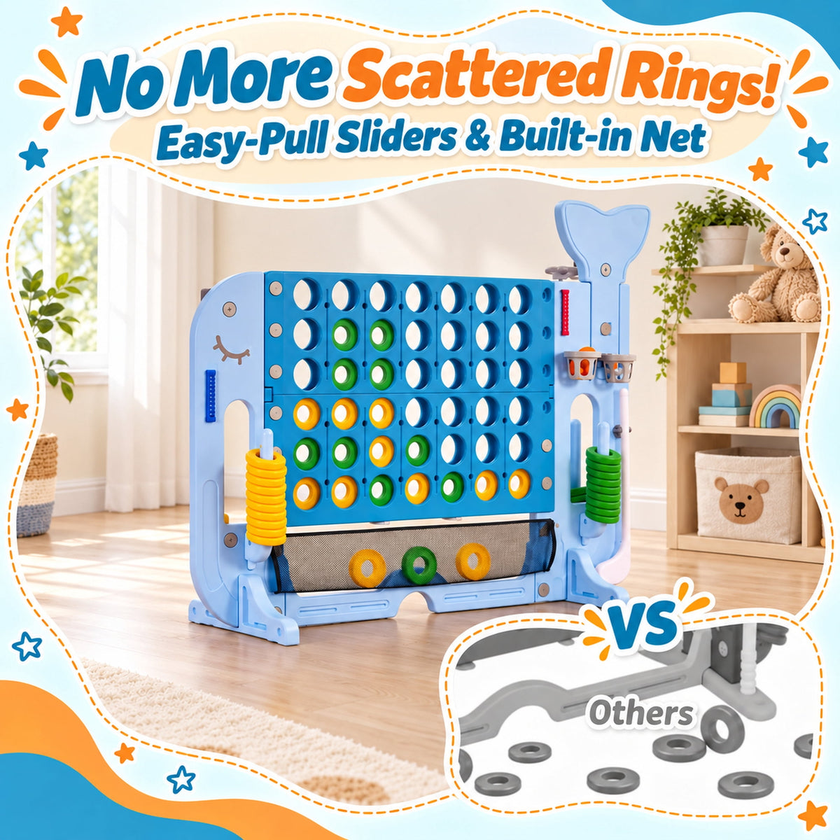 Redsmile Giant 4 in a Row Yard Game Set, 4-in-1 Outdoor Games for Kids and Adults with Basketball Hoop, Golf and Ring Toss, Adjustable Height Lawn Game for Backyard Party, Blue