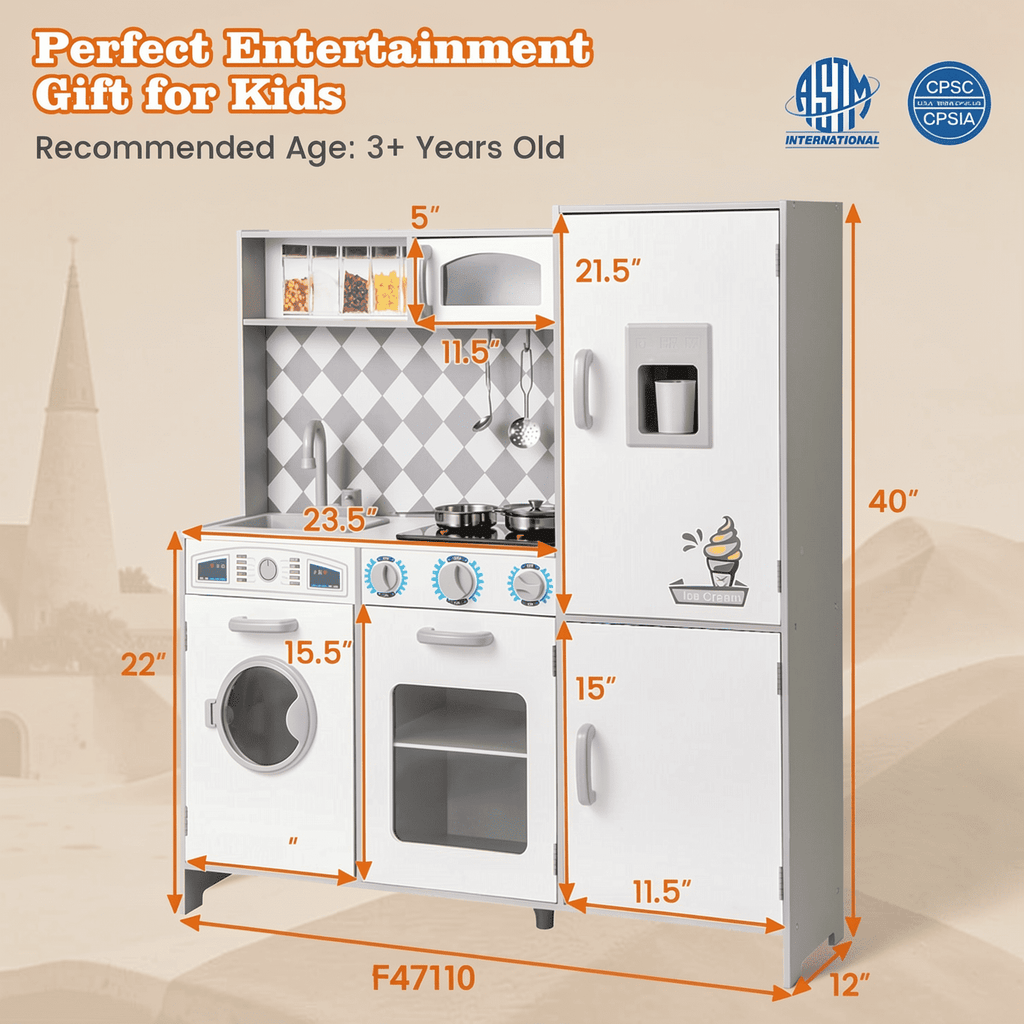 Redsmile Play Kitchen,Wooden Kids Kitchen Playset Washing Machine, Oven, Ice Maker with Realistic Lights and Sounds,Pretend Play Toy Kitchen Gift for Girls Boys Ages 3-10,White