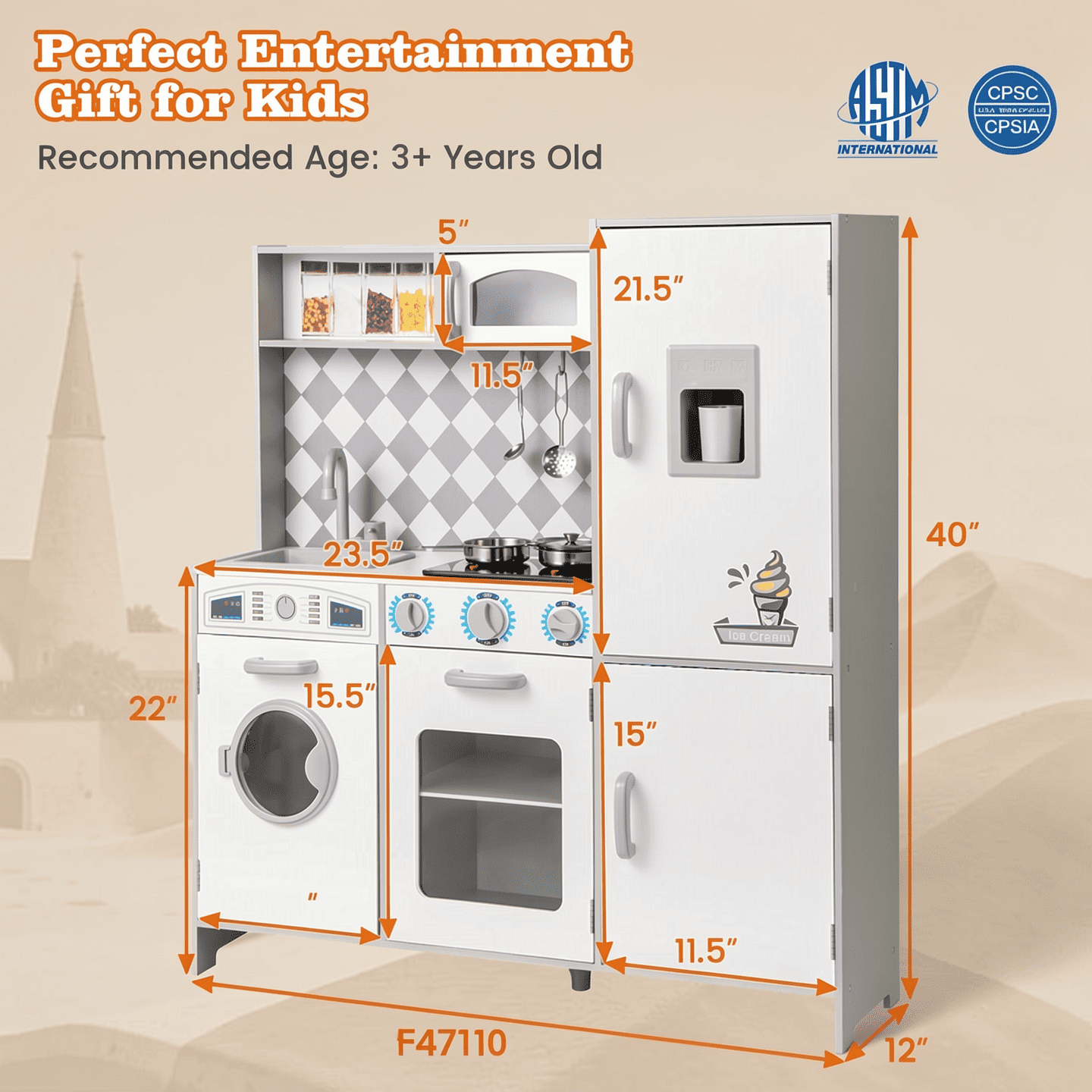 Redsmile Play Kitchen,Wooden Kids Kitchen Playset Washing Machine, Oven, Ice Maker with Realistic Lights and Sounds,Pretend Play Toy Kitchen Gift for Girls Boys Ages 3-10,White