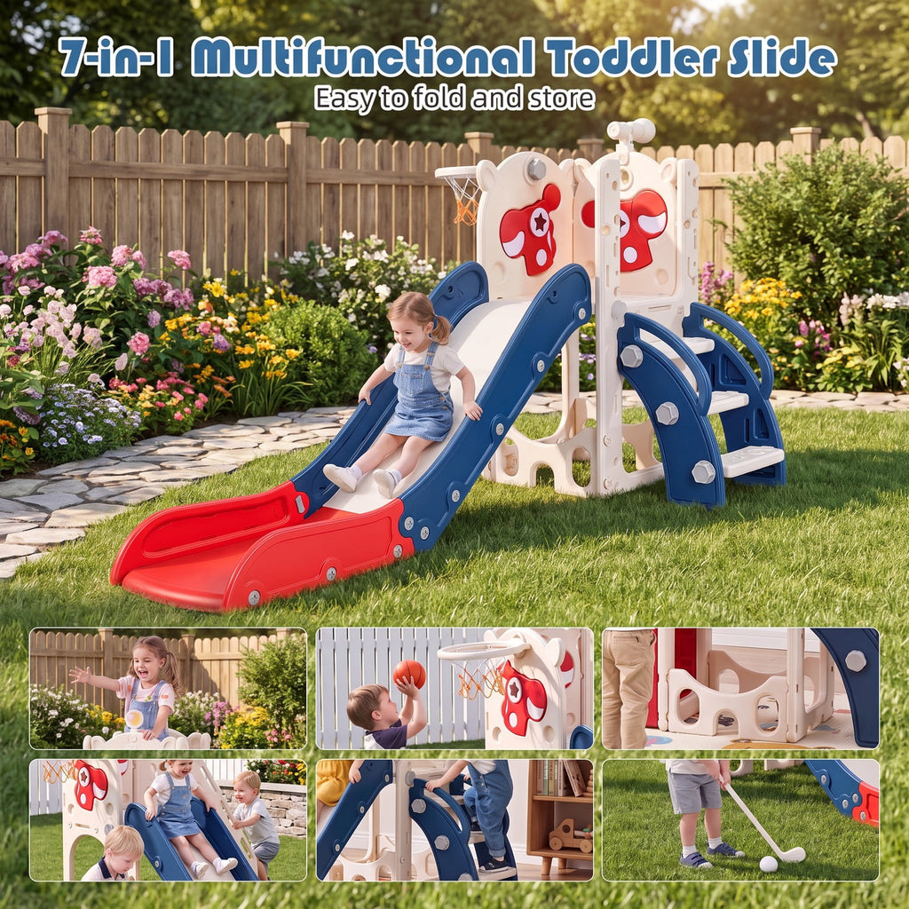 Redsmile Toddler Slide Playset with Climbing Steps, Basketball Hoop, Telescope and Golf Accessories for Indoor Outdoor Play