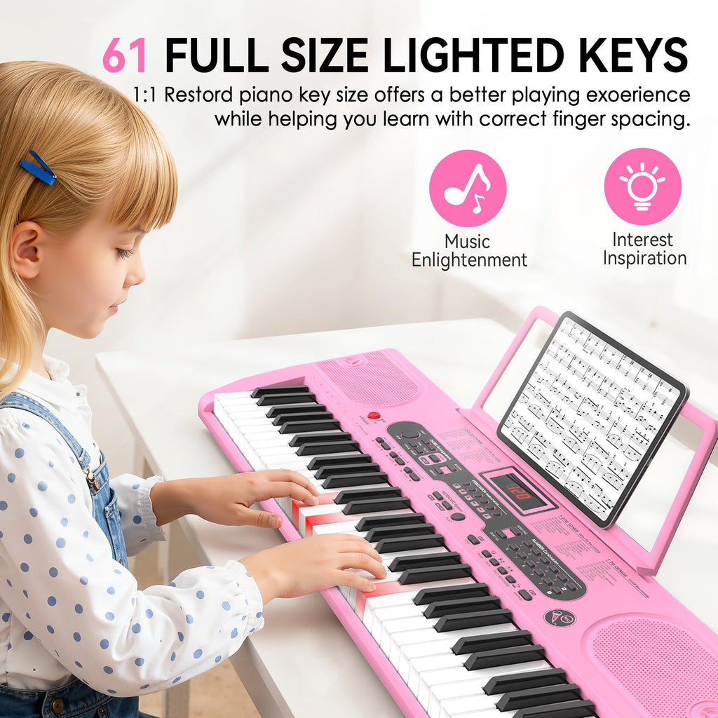 Redsmile 61-Key Piano Keyboard with Lighted Keys, Stand, Bench, Microphone, Headphone, Electronic Keyboard Piano Set, Pink