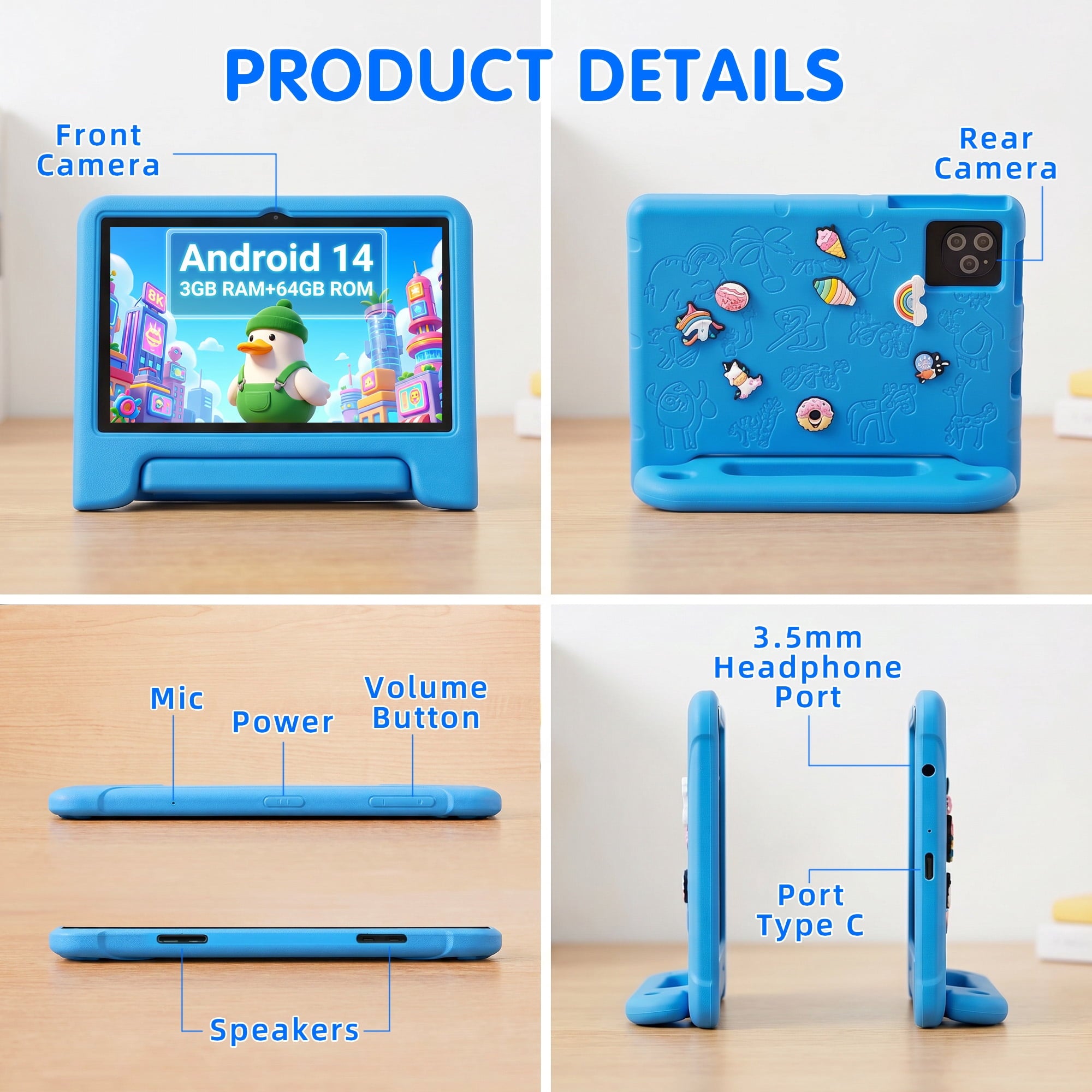 Redsmile Kids Tablet,10 inch Android 14 Tablet for Kids with Case,3GB+64GB,Dual Camera Tablet for Kid, 8000mAh, WiFi,Parental Control,Child Education Tablet,Gift for Boys and Girls,Blue