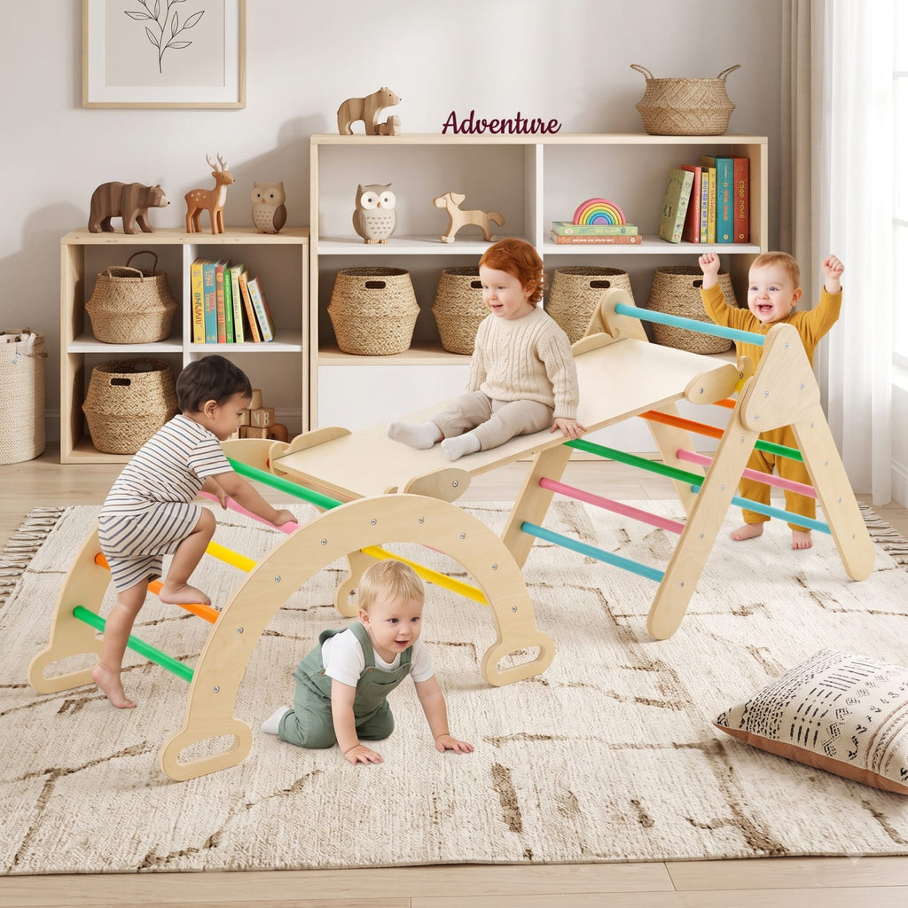 Redsmile 5-in-1 Wooden Kids Climber Toys with Triangle Arch Ramp for Kids Toddlers, Indoor Outdoor Playset for Boys and Girls 1+ Years Old, Multicolor