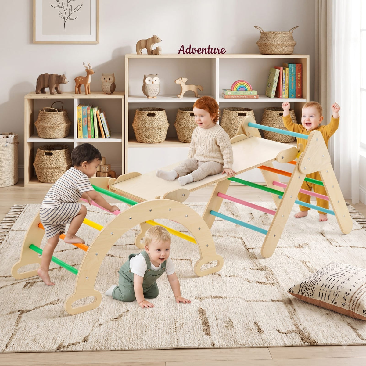 Redsmile 5-in-1 Wooden Kids Climber Toys with Triangle Arch Ramp for Kids Toddlers, Indoor Outdoor Playset for Boys and Girls 1+ Years Old, Multicolor