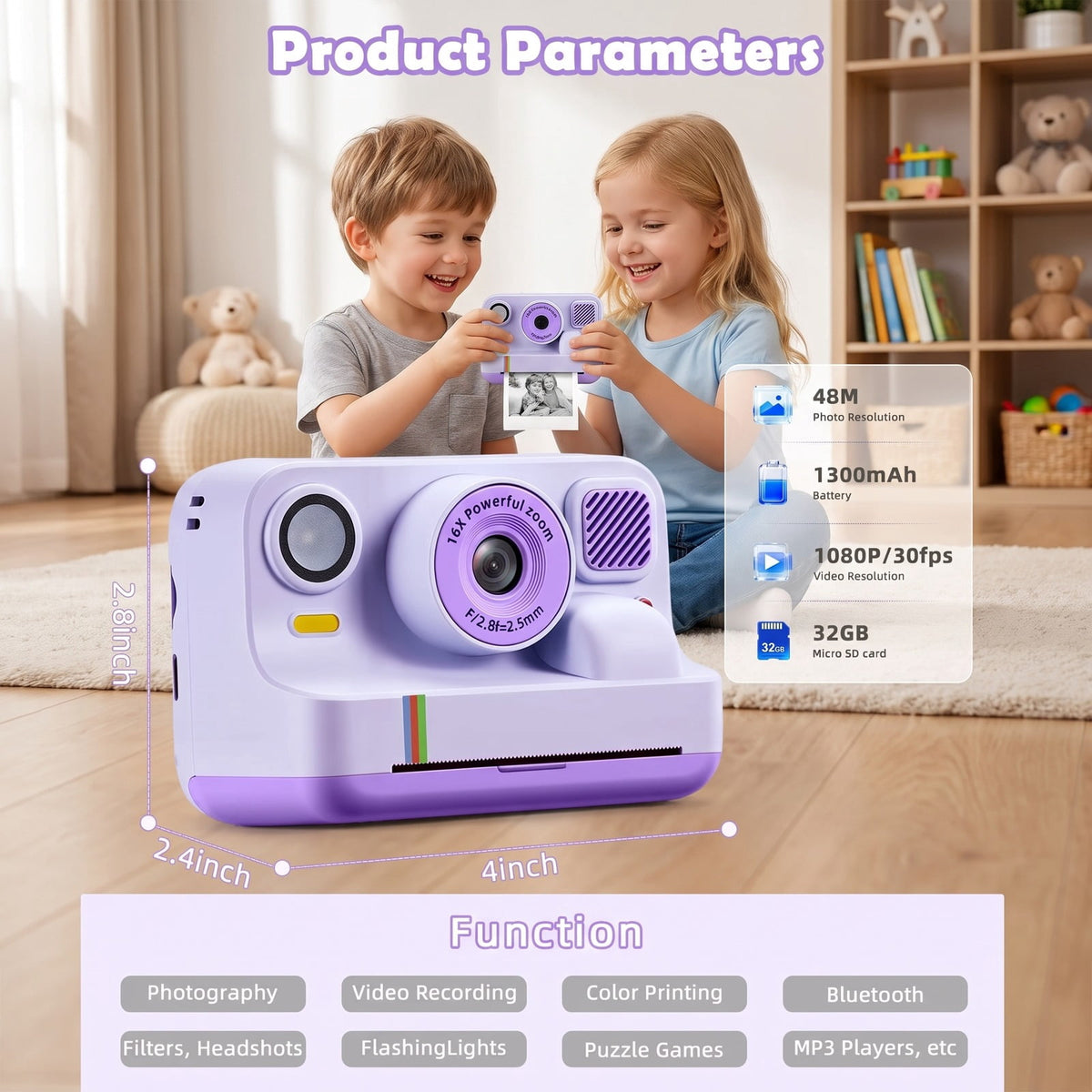 Redsmile Kids Instant Print Camera with Dual Lenses, 1080P Video, 2.4-Inch Screen, 32GB Card and USB-C Charging, Purple