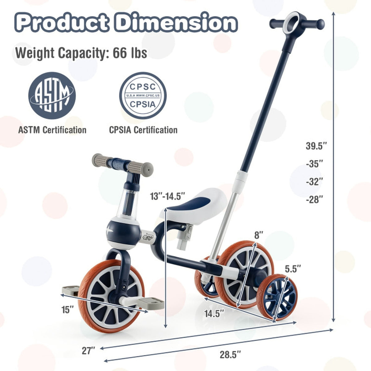 Redsmile Kids Tricycle 4-in-1 Trike Bike for Toddlers Ages 2-4 with Adjustable Parent Push Handle and Seat Height, Carbon Steel Frame Holds 66 lbs, Multicolor