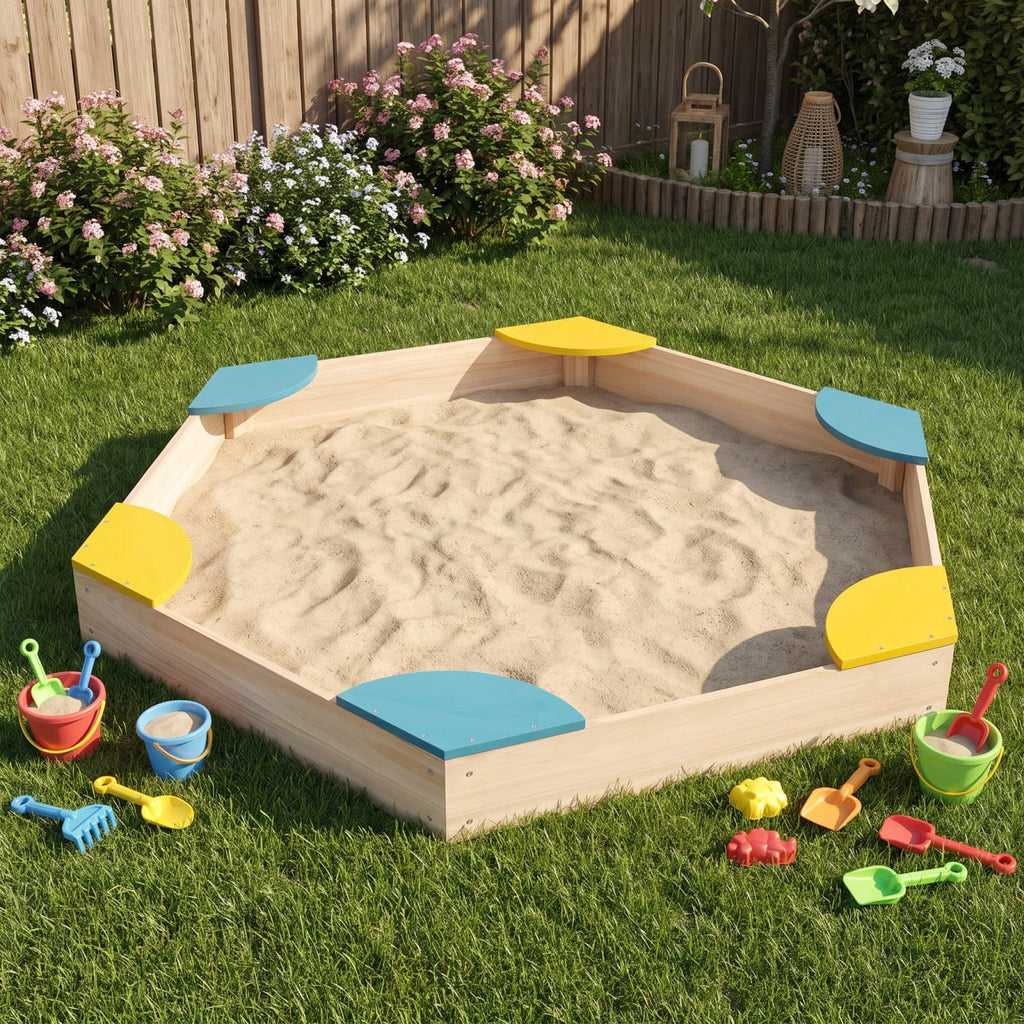 Redsmile Outdoor Solid Wood Sandbox with 6 Built-in Fan-shaped Seats for Kids Backyard Playground Summer Fun