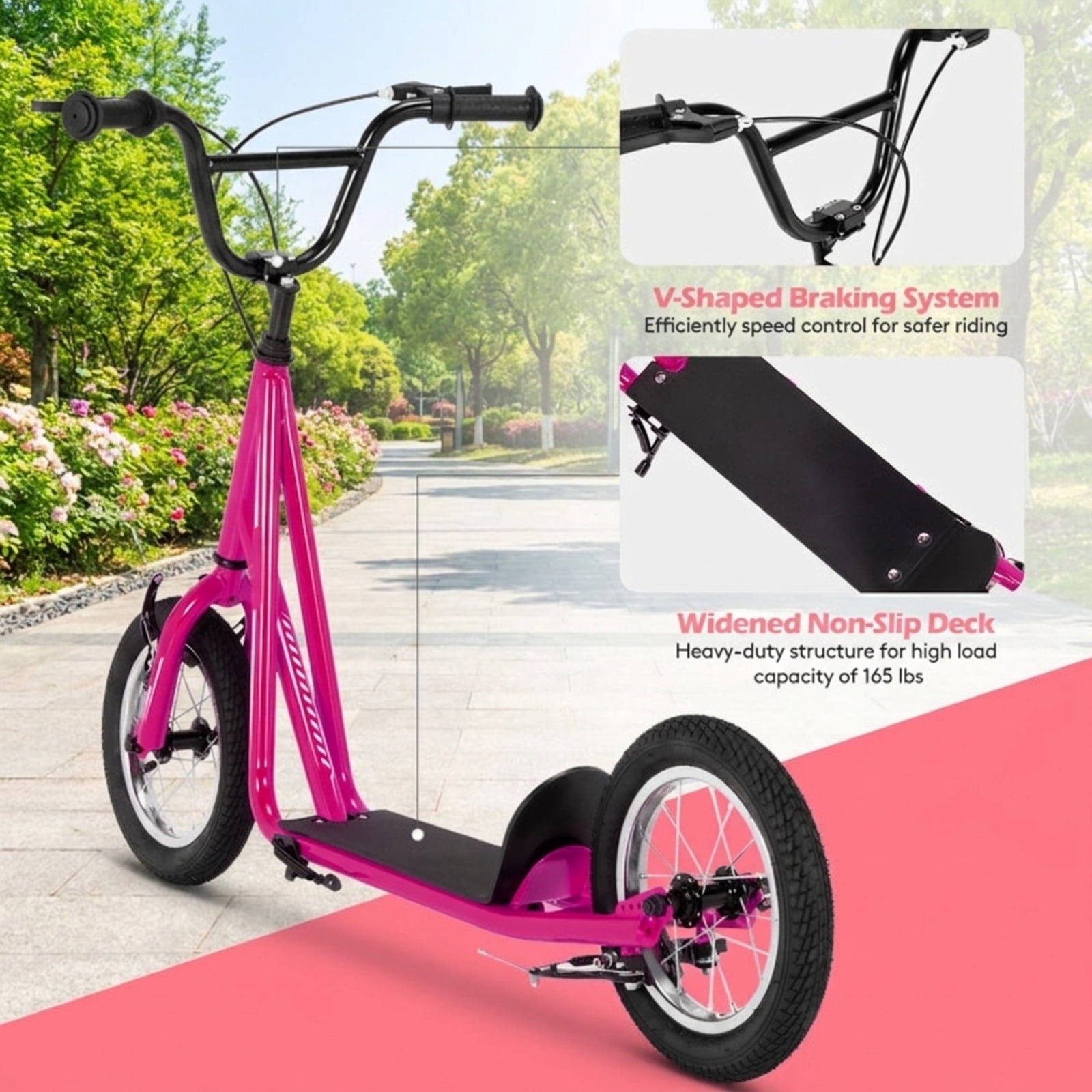 Redsmile Kids Scooter with 12 Inch Air Wheel, Height Adjustable Kick Scooter Holds 165 lb for Big Kids and Teens, Pink